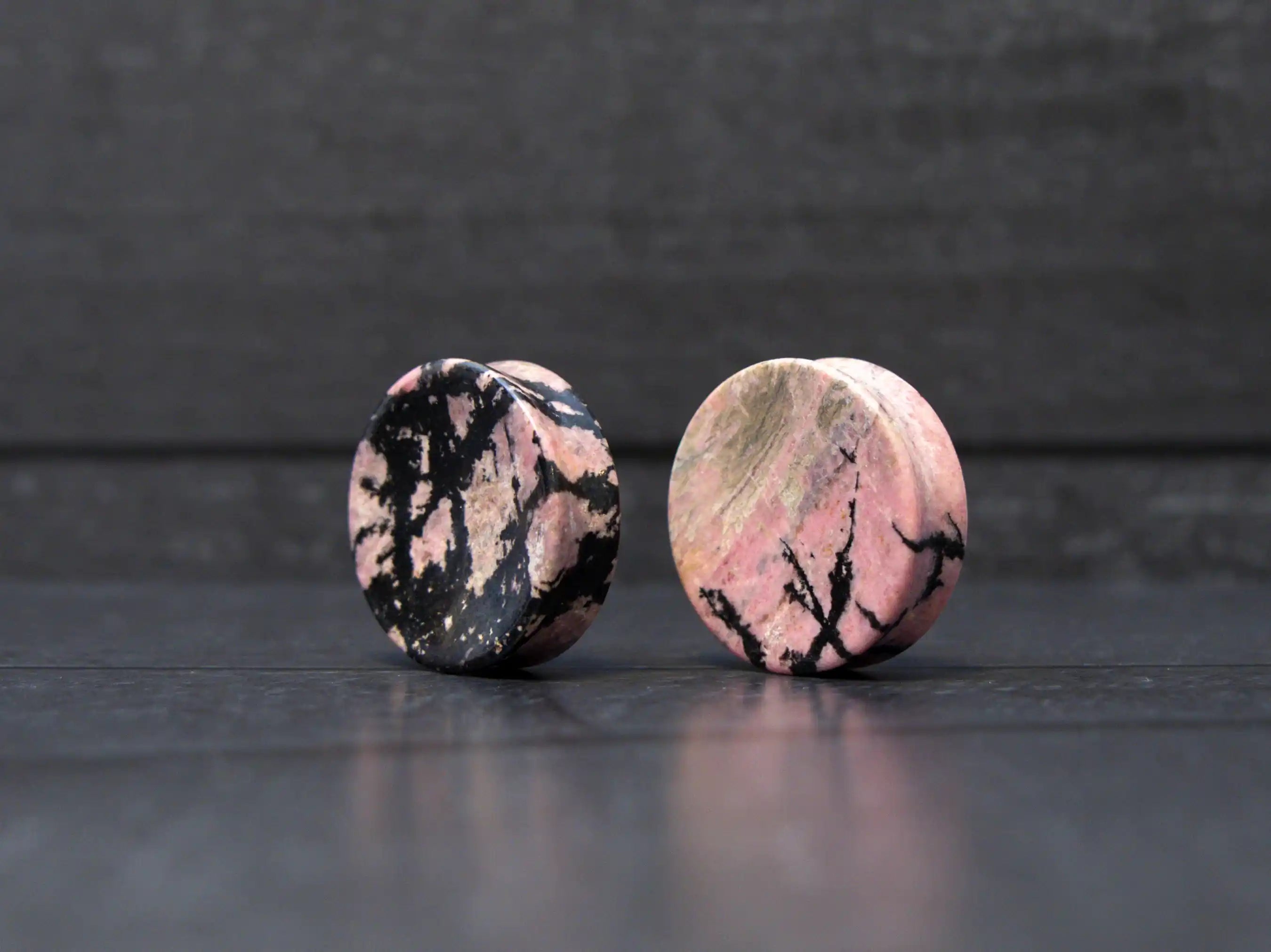 Pink / Black Rhodonite Concave Plugs