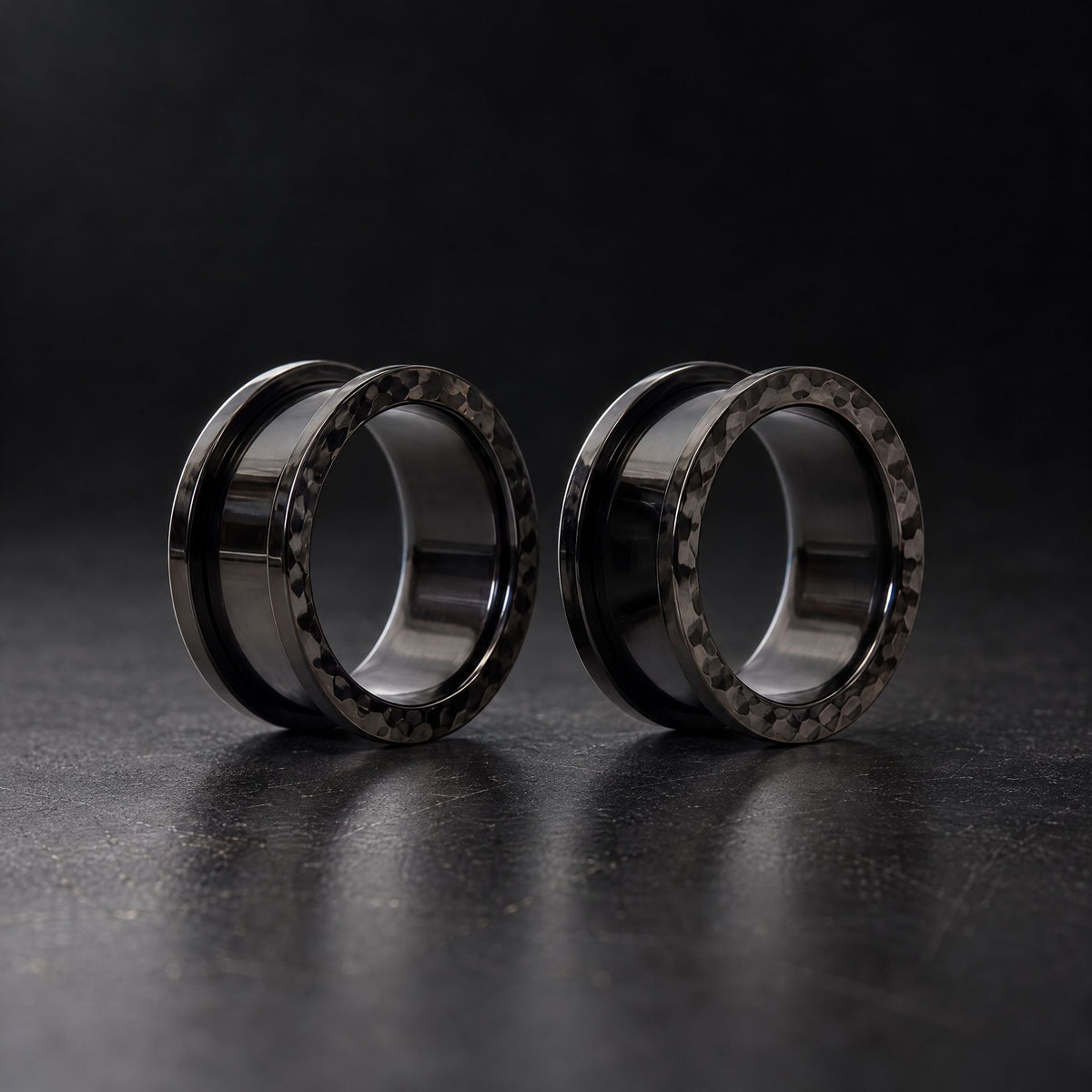 Black Hammered Steel Tunnels, pair on black