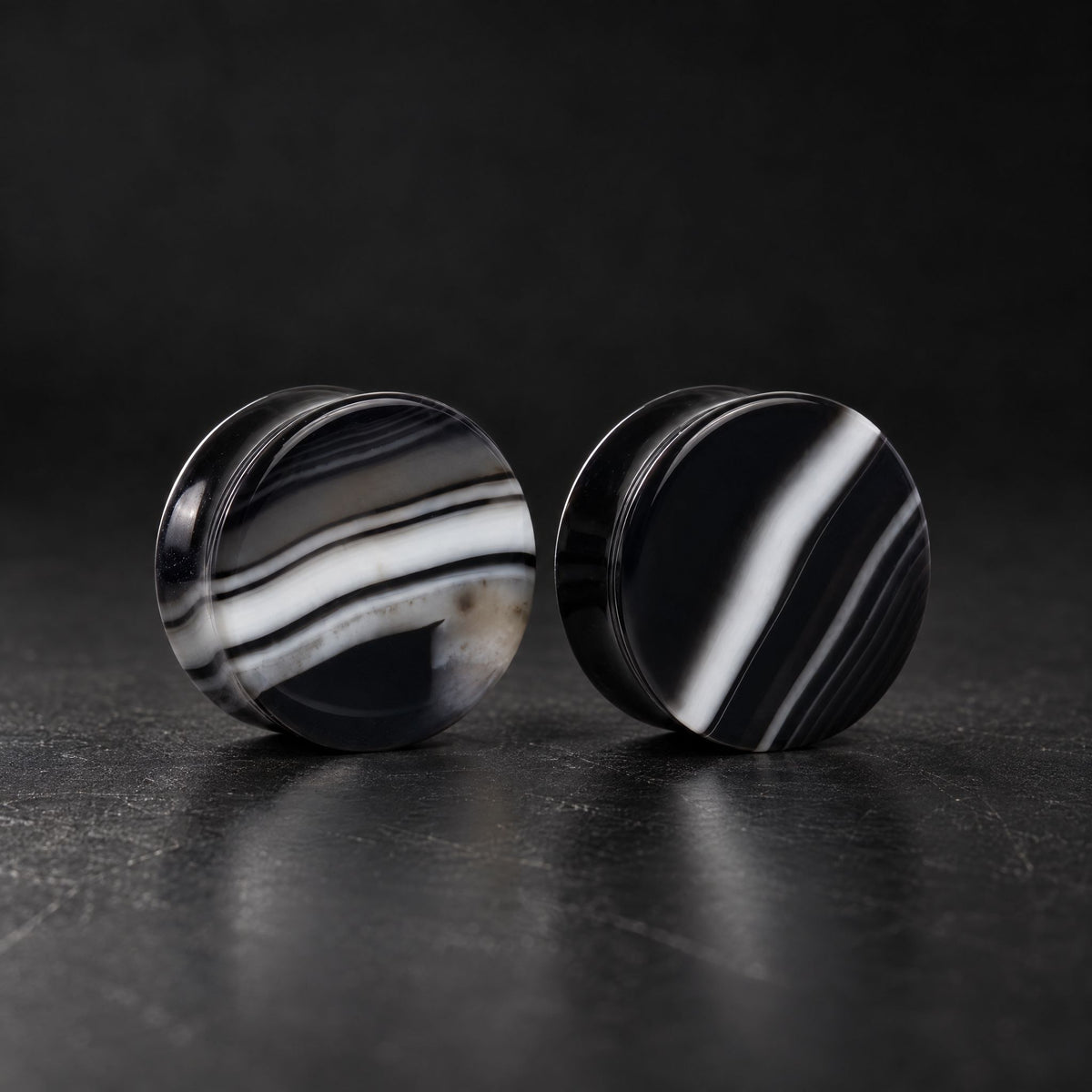 Black Striped Agate Plugs, pair on black
