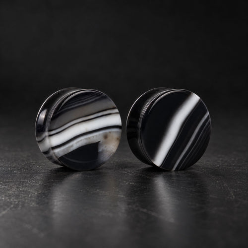 Black Striped Agate Plugs, pair on black