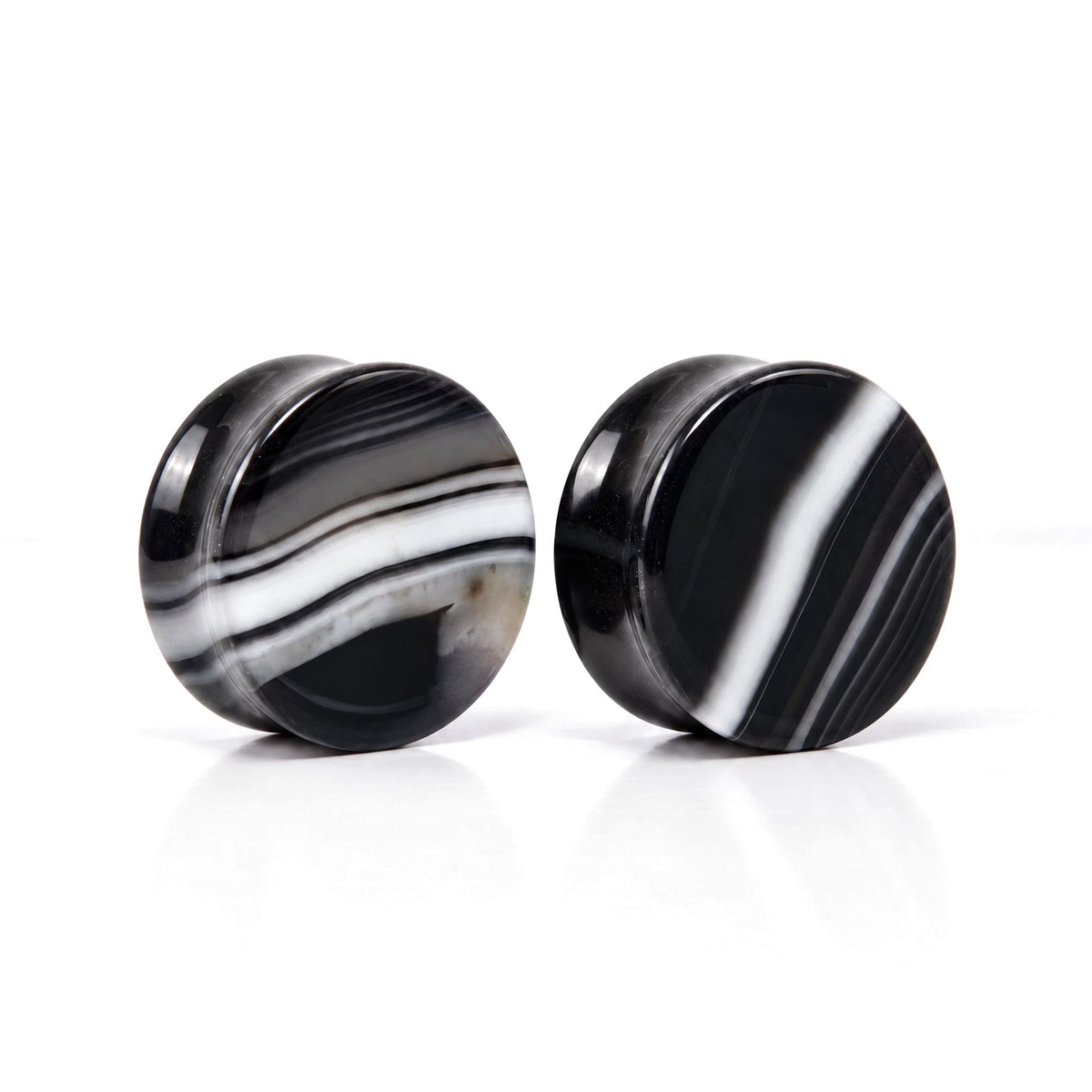 Black Striped Agate Plugs, pair on white