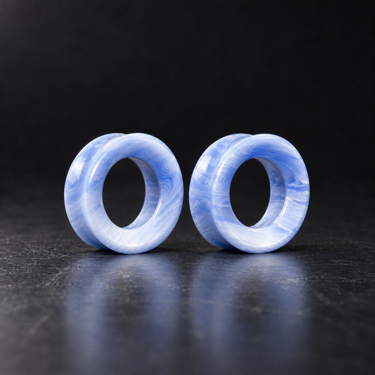Blue Agate Tunnels, pair on black