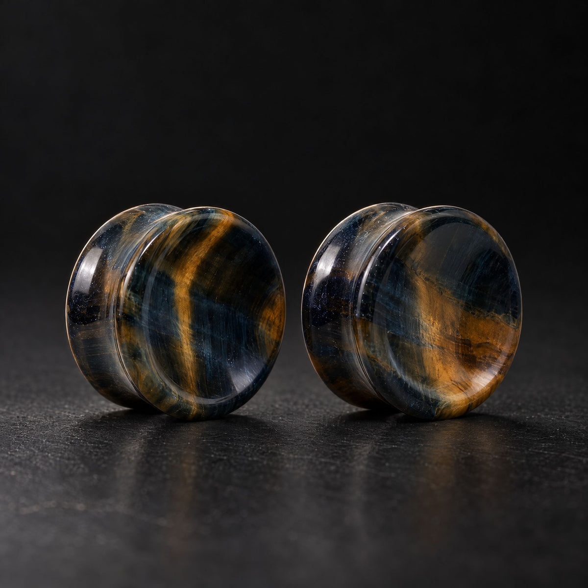 Blue Tigers Eye Concave Plugs, pair on black