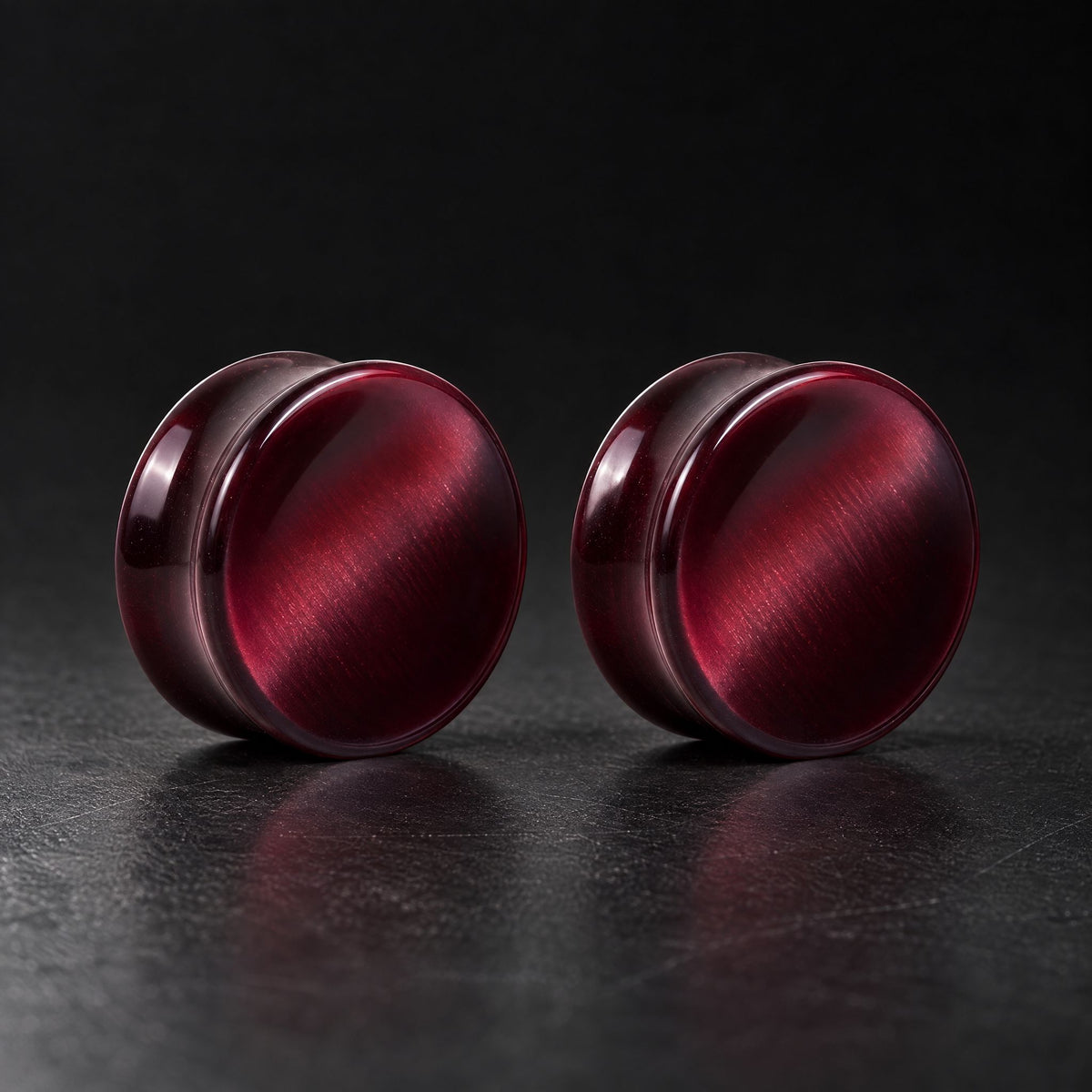 Deep Red Cats Eye Concave Plugs, pair on black