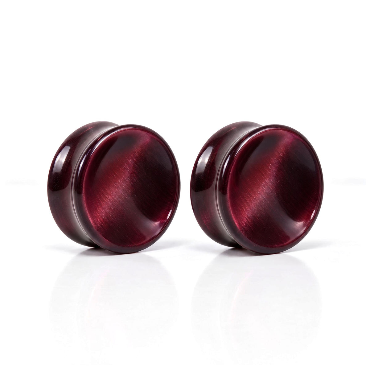 Deep Red Cats Eye Concave Plugs, pair on white