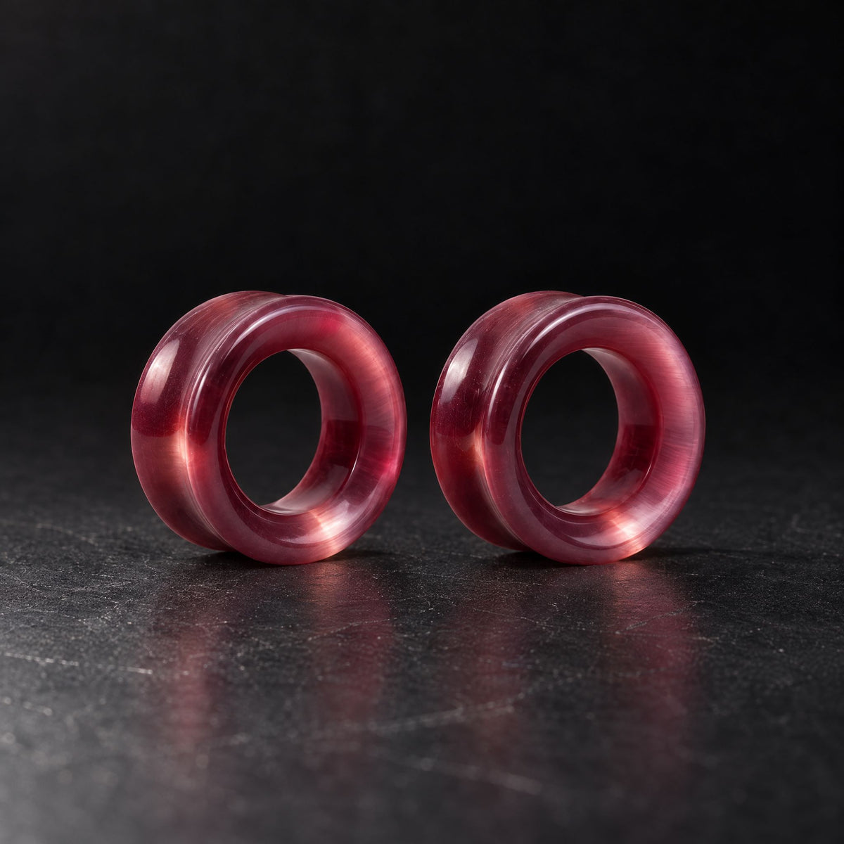 Deep Red Cats Eye Tunnels, pair on black