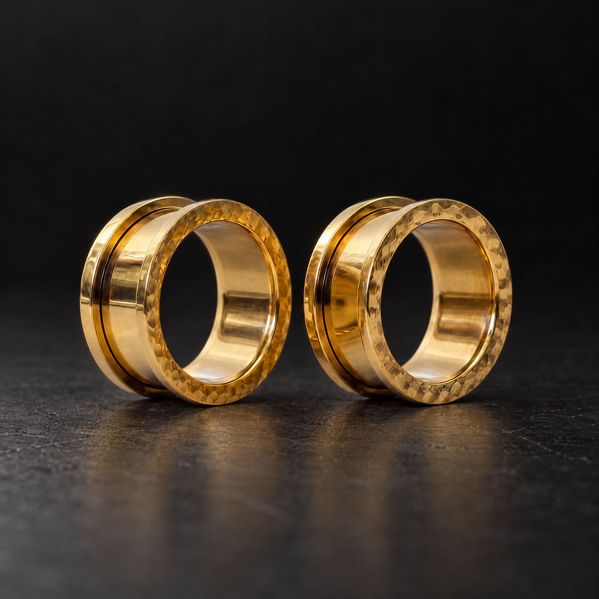 Gold Hammered Steel Tunnels, pair on black