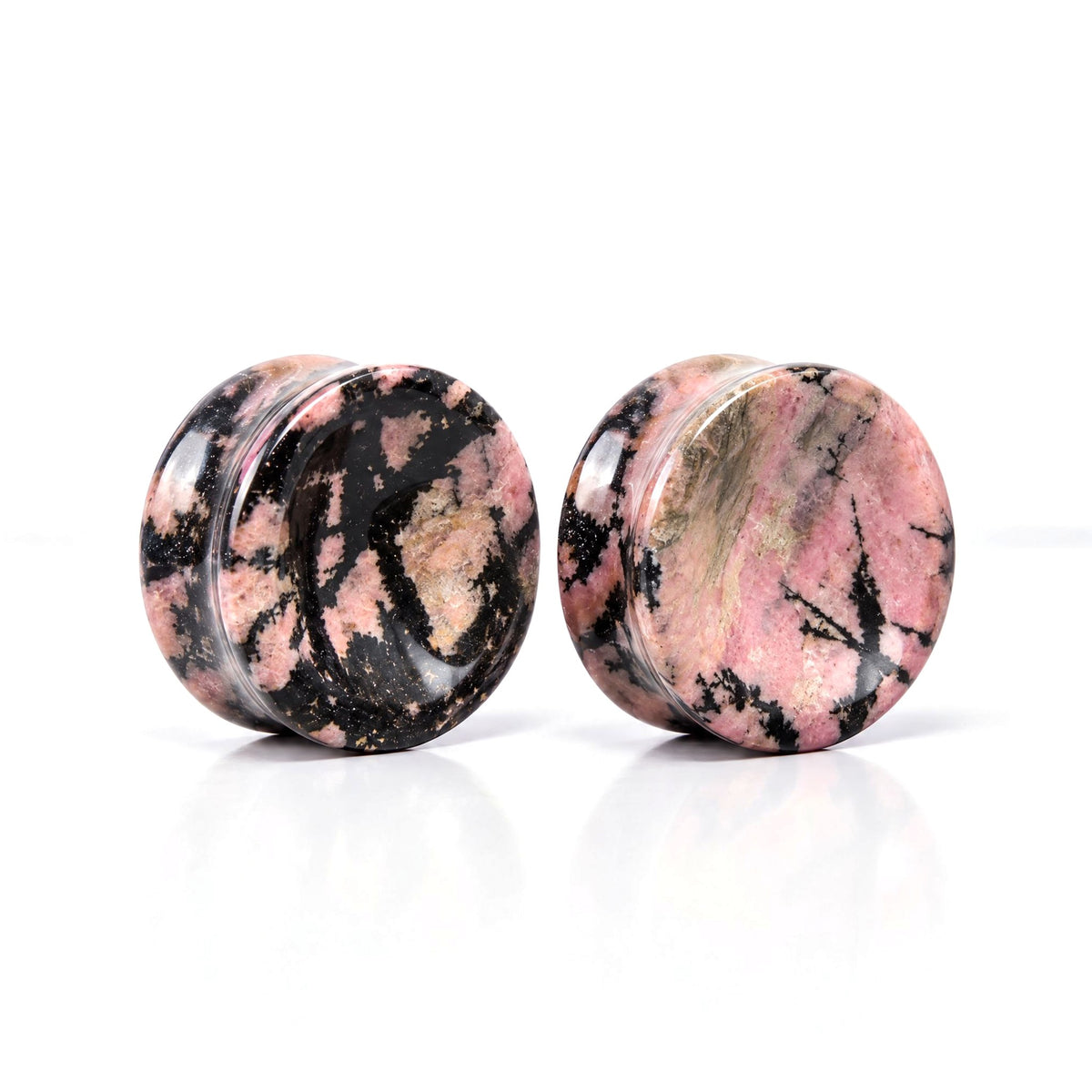 Pink / Black Rhodonite Concave Plugs, pair on white