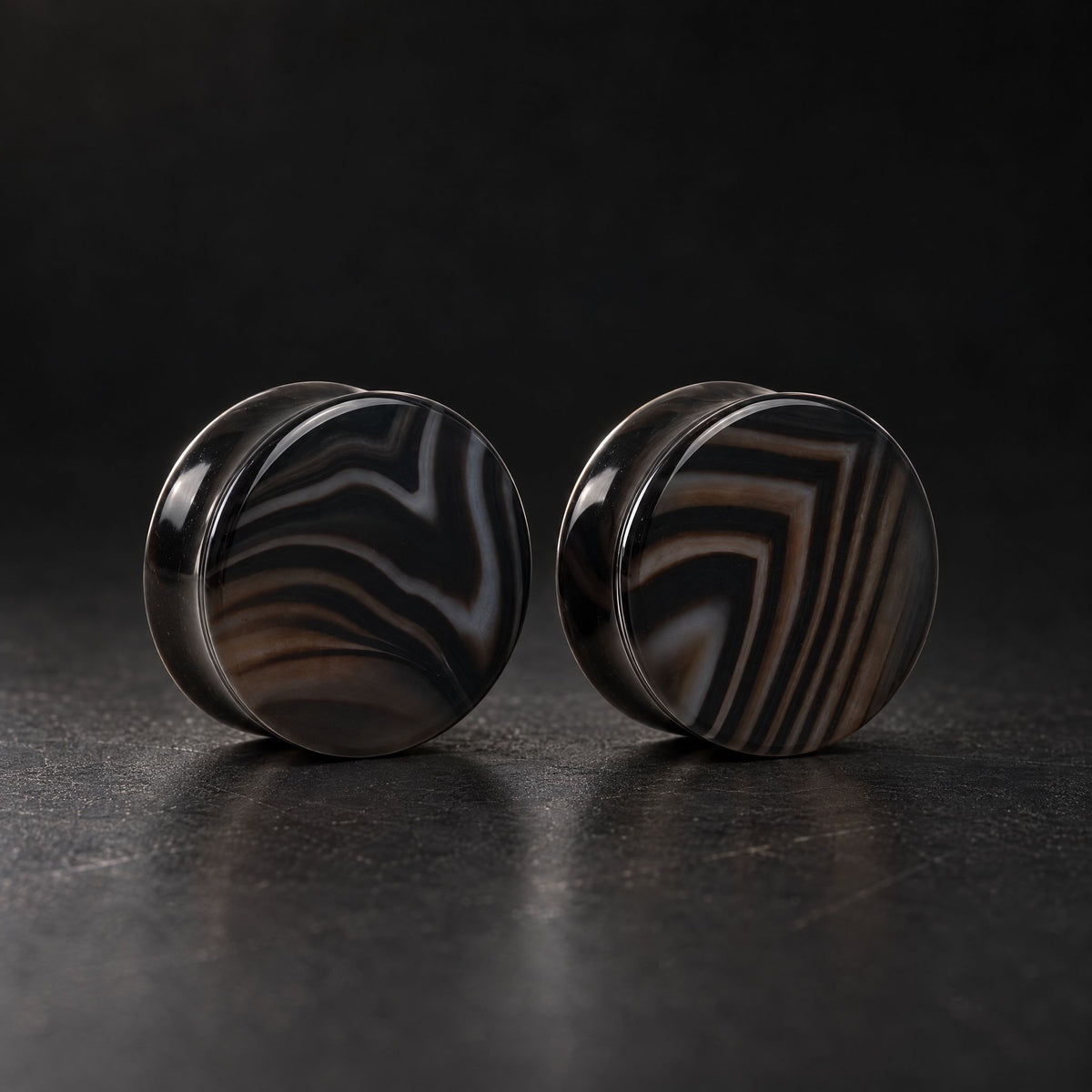 Smokey Striped Agate Plugs, pair on black