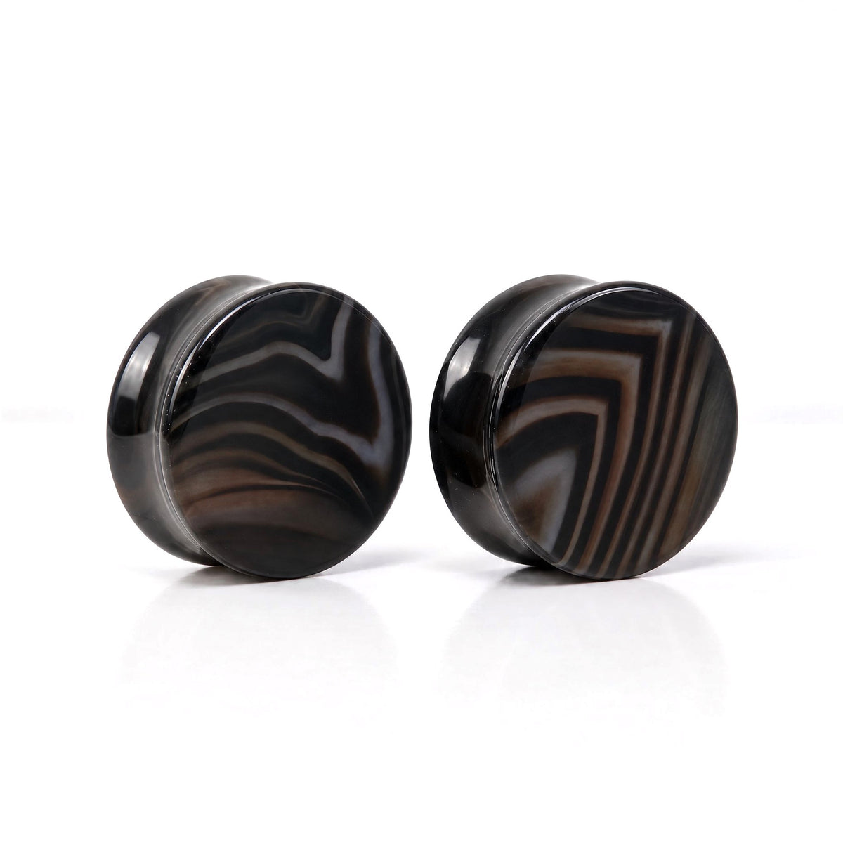 Smokey Striped Agate Plugs, pair on white