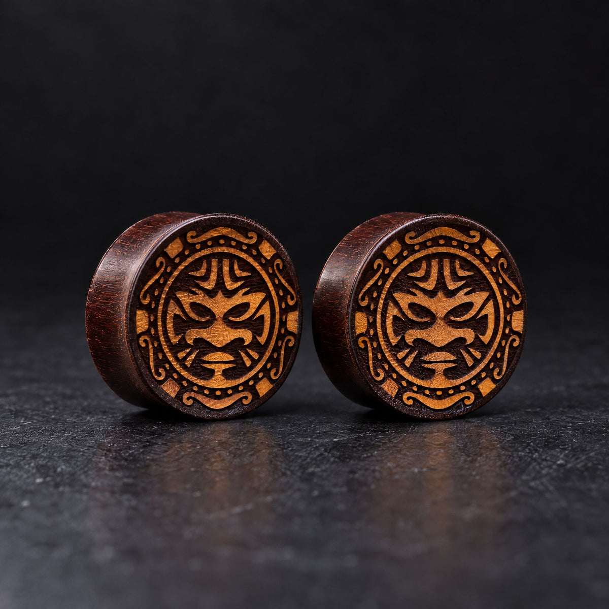 Tribal Wood Plugs, pair on black