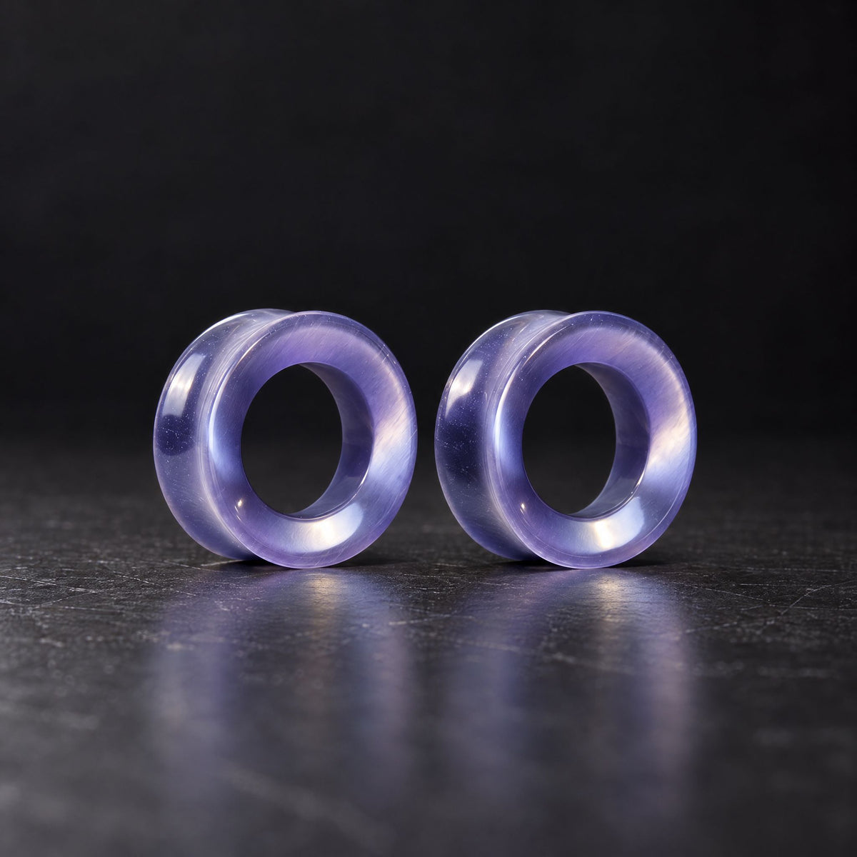 Violet Cats Eye Tunnels, pair on black