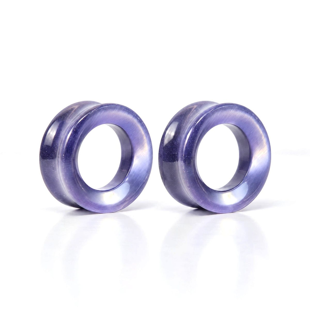 Violet Cats Eye Tunnels, pair on white
